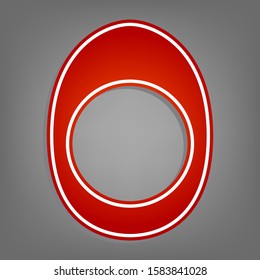 Egg with yolk. Flat red icon with linear white icon with gray shadow at grayish background. Illustration.