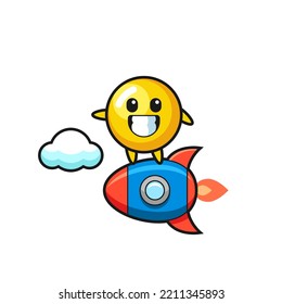 egg yolk mascot character riding a rocket , cute design