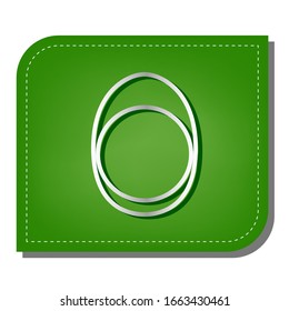Egg with yolk. Silver gradient line icon with dark green shadow at ecological patched green leaf. Illustration.