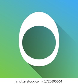 Egg with yolk. White Icon with gray dropped limitless shadow on green to blue background. Illustration.