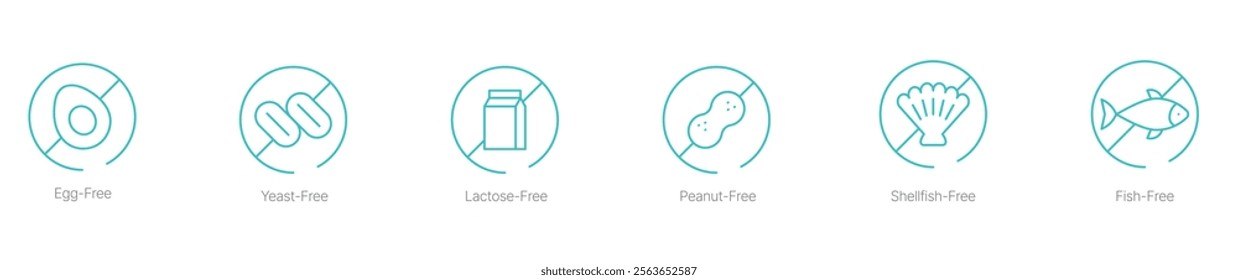 Egg-Free, Yeast-Free, Lactose-Free, Peanut-Free, Shellfish-Free, and Fish-Free Vector Icon Set for Specialty Labeling