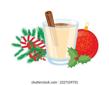 Eggnog Christmas still life vector. Glass of eggnog with cinnamon drawing. Eggnog drink and christmas decorations icon vector isolated on a white background