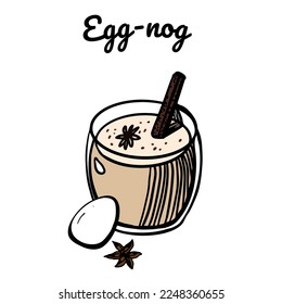 Egg-Nog cocktail, Christmas bar menu. Hot winter season drink with a mug of drink and hand drawn ingredients vector illustration.