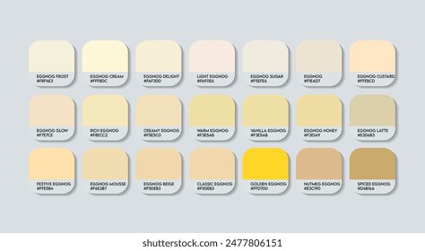 Eggnog Color Palette, Eggnog Color Guide Palette with Color Names. Catalog Samples of Egg Nog with RGB HEX codes and Names. Fruit Yellow Colors Palette Vector. Plastic, Vehicle cream Color Palette