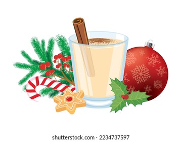 Eggnog drink and christmas decorations still life vector. Glass of eggnog with cinnamon drawing. Christmas festive drink and food group of object isolated on a white background