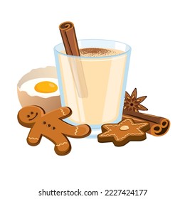 Eggnog drink and christmas gingerbread icon vector. Glass of eggnog with cinnamon drawing. Eggnog and christmas decorations still life icon vector isolated on a white background