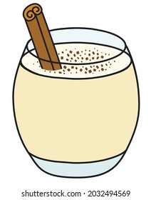 Eggnog or egg milk punch cocktail. Stylish hand-drawn doodle cartoon style white Christmas winter hot warm drink in a rocks glass garnished with cinnamon stick and cocoa.