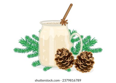 Eggnog, fir cone and twig on white background. Winter drink and christmas decoration.Pine branch and glass of eggnog with cinnamon stick.Cocktail with milk, cinnamon and clove star.Vector illustration
