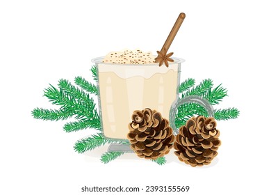Eggnog, fir cone and twig on white background. Winter drink and christmas decoration.Pine branch and glass of eggnog with cinnamon stick.Cocktail with milk, cinnamon and clove star.Vector illustration