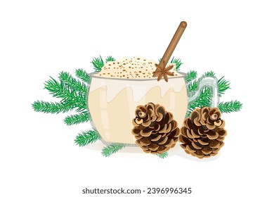Eggnog, fir cone and twig on white background. Winter drink and christmas decoration.Pine branch and glass of eggnog with cinnamon stick.Cocktail with milk, cinnamon and clove star.Vector illustration