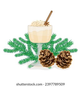 Eggnog, fir cone and twig on white background. Winter drink and christmas decoration.Pine branch and glass of eggnog with cinnamon stick.Cocktail with milk, cinnamon and clove star.Vector illustration