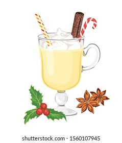 Eggnog in glass with christmas candy cane, straw and cinnamon stick isolated on white. Vector illustration of sweet winter drink in cartoon simple flat style. Egg milk punch, holly berry, anise star.