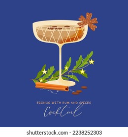Eggnog in glass with christmas ginger cake, coffee bean and espresso isolated on blue background. Winter Alcohol drink vector flat illustration. Egg milk punch, fir tree