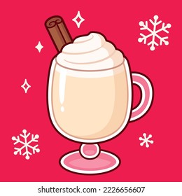 Eggnog Glas mit Zimt und Peitschencreme auf rotem Hintergrund mit Schneeflocken. Cute Cartoon Vektorgrafik von traditionellem Weihnachtsgetränk.