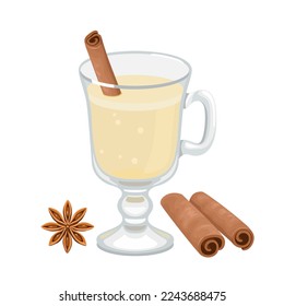 Eggnog  in a glass isolated on a white background. Vector drinks ingredients set. Winter alcohol cocktail with milk, egg yolks, cinnamon sticks, anise star. Classic winter milk punch.