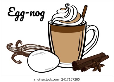 Egg-nog. Hot warming cocktail vector illustration with eggs, cinnamon, vanilla, star anise, whipping cream. Sketch style image for a cookbook, recipe, cafe, restaurante menu, flyer, poster design.