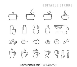 Eggnog, icons set for cooking recipe. Pictograms for preparation of hot homemade drink on stove. Milk, cream, eggs, spice, alcohol, glass. Black linear editable stroke emblem. Contour isolated vector