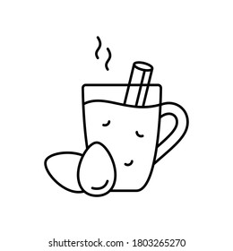 Huevos. Icono lineal del cóctel de vino de huevo. Ilustración negra de la bebida de invierno de temporada. Taza, canela, dos huevos de gallina. símbolo de las vacaciones de Navidad. Contorno vector aislado sobre fondo blanco