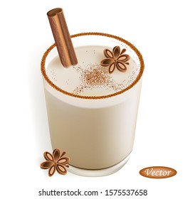 Eggnog. Realistic Christmas Drink With Cinnamon Stick On White Background. Homemade Cocktail With Ground Cinnamon For Winter Holidays. Design For Paper, Banner, Logo, Card And More.