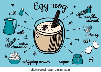 Egg-nog recipe. Hot warming cocktail vector illustration with milk, eggs, sugar, nutmeg, cinnamon, vanilla, star anise, salt, whipping cream. Sketch style image for a cookbook or menu design.