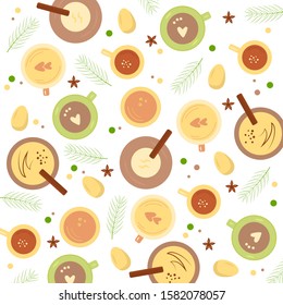  EGGNOG vector pattern. Top view colorful cartoon holiday vector illustration. Cups, drink, spices on white background.Perfect for wrapping, ornament, wallpaper, album, scrapbook.