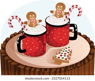 Eggnog with Whipped Cream, Cocoa Powder, Gingerbread Man and Candy Cane in Red Mugs with Tree Gingerbread Cookie Placed on a Cut Tree Trunk