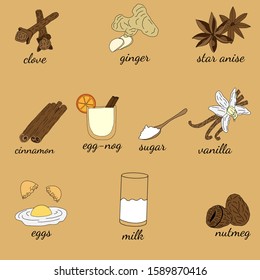 Egg-nogg winter warming recipe. Egg shake made from milk, eggs, sugar, nutmeg, cinnamon, vanilla, star anise, ginger, clove. Use for a cookbook or for a restaurant menu. Vector illustration,hand drawn