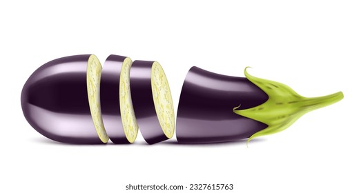 Eggplant or aubergine with slices isolated on white background. Fresh eggplant from garden. Vegetarian food. Realistic 3d vector illustration.