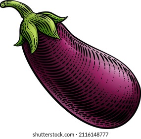 Eggplant or aubergine vegetable illustration in a vintage retro woodcut etching style.