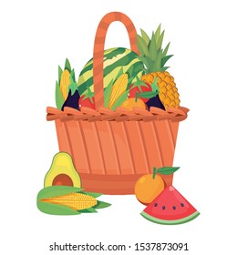 eggplant avocado watermelon corn pineapple tomato orange fresh food wicker basket vector illustration