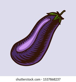 Eggplant for Barbecue grill in vintage style. Drawn by hand. Vegetable for Bbq party. Vector illustration for menu or labels.