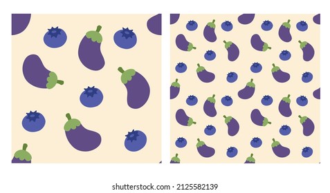 Eggplant and blueberry hand drawn pattern. Illustration for fabric, packaging, print or other uses.