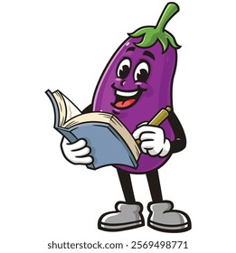 Eggplant with book,      Cartoon Character Mascot Illustration Vector Clip-art Hand-drawn Logo Design