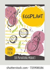 Eggplant brochure concept design. Retro background. Hand drawn vector illustration. Can be used for street festival, farmers market, country fair, shop, menu, cafe, restaurant, poster, banner.