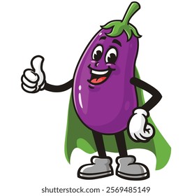 Eggplant with caped superhero style,      Cartoon Character Mascot Illustration Vector Clip-art Hand-drawn Logo Design