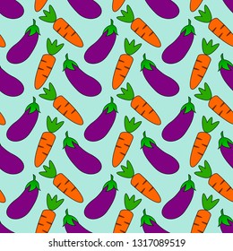 Eggplant and carrot seamless pattern with blue background