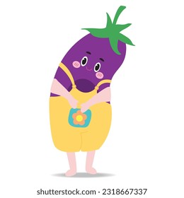 Eggplant. Cartoon character. Humble gesture standing on white background. Cute smile. Flat vector illustration.