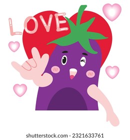 Eggplant cartoon character making love sign with love text with heart shape on white background. Cute smile. Flat vector illustration.