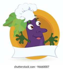 Eggplant cartoon character with promo ribbon vector illustration