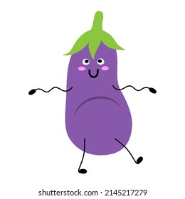 Eggplant cartoon cute happy smiling vegetable. Dancing eggplant isolated on white background. Vector illustration