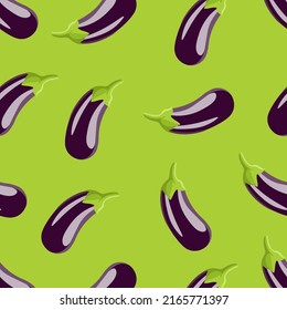 Eggplant in cartoon flat style vector seamless pattern on green background. Aubergine background pattern. Vegetables texture wallpaper.