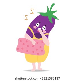 Eggplant cartoon holding pillow showing sleepiness isolated on white background. Cute. Flat vector illustration.
