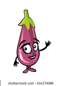 Eggplant cartoon smiles and waves his hand. Color flat illustration isolated on white background.