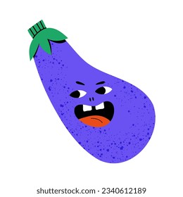 Eggplant character. Cute ripe violet eggplant character with grain texture isolated on white background. Vector illustration