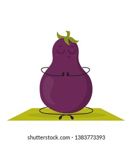 Eggplant character doing yoga exercise in lotus pose. Funny food doing sport in the gym. Isolated vector illustration in cartoon style