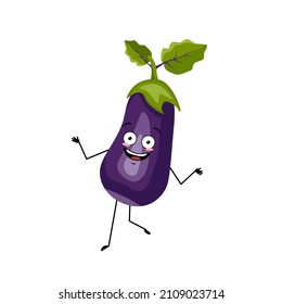 Eggplant character with happy crazy emotion dancing, joyful face, smile eyes, arms and legs. Person with expression, vegetable emoticon. Vector flat illustration