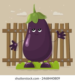 Eggplant character on a beige background. Eggplant. Illustration. Cartoon. Gute. Sweet. Vector. Farm. Village. Images. Design. Art. Template. Food. Face. Fence. Sky. Clouds. Book illustration.