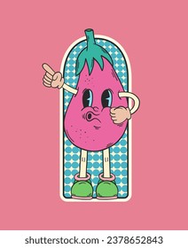 Eggplant character. Retro cartoon character. Eggplant sticker. Hippie patch badge. Vintage animation art. Groovy doodle. Vintage cartoon. 60s and 70s nostalgia.