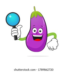 Eggplant character smiles holding a magnifying glass with a white background - vector