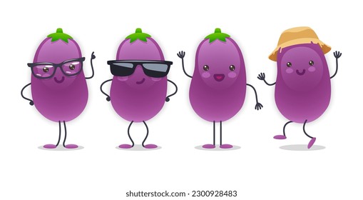 Eggplant Character with Various Face Expressions. Vector illustration set of funny and cute cartoon vegetables isolated on white background. Mascot collection.